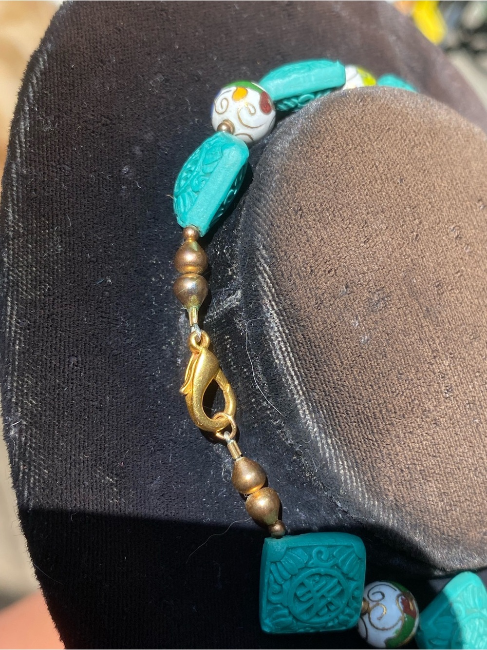 Handcrafted Carved Turquoise f Cinnabar Dragon Pendant, Shou, Cloisonné Necklace - Picture 7 of 15
